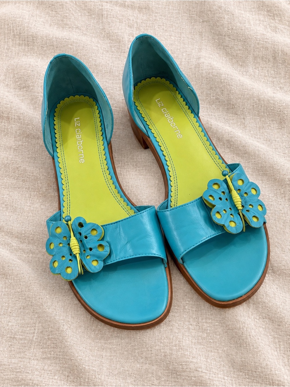 Vintage Y2K Liz Claiborne Butterfly Leather Sandals Blue Green 7